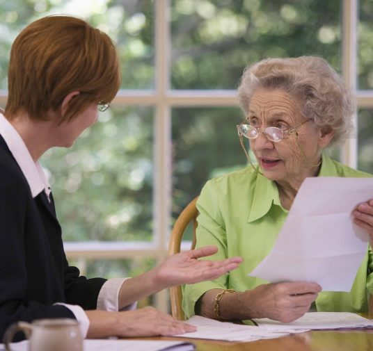 Mature woman talking to financial planner at home